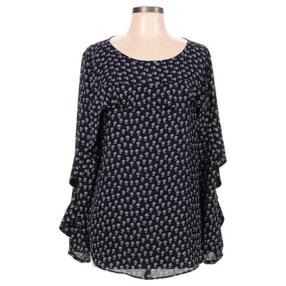 Ann Taylor Loft Tops - Ann Taylor Loft Womens Blouse Size XXS Navy Pink Floral Ruffle Long Sleeves